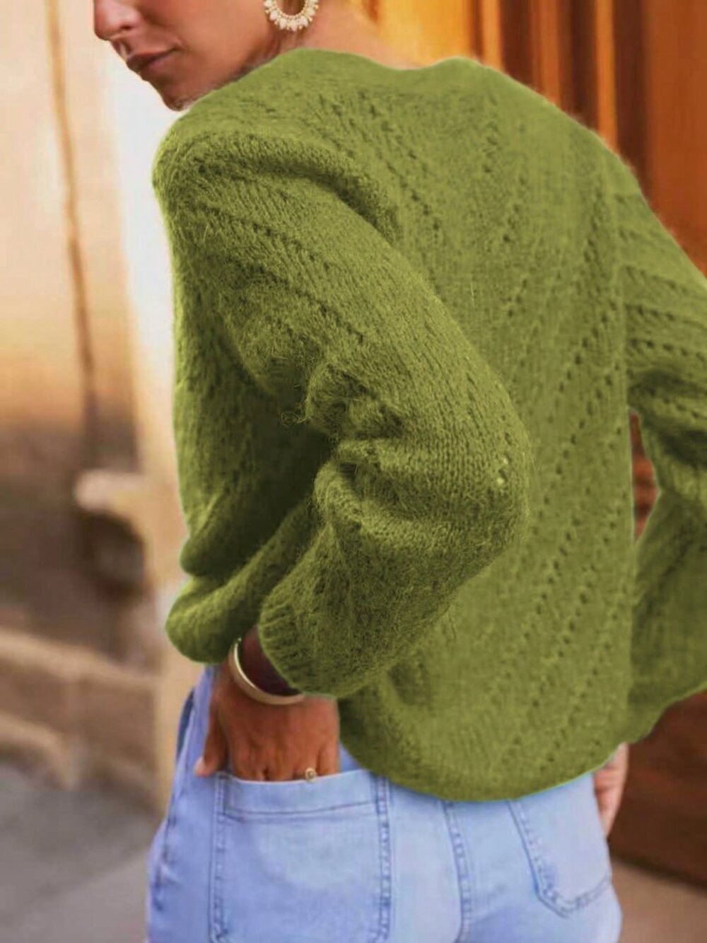 Green Casual Women's Long Sleeve Knit Cardigan Sweater - Picture 2 of 4